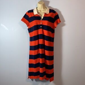 Lands' End Navy and orange red polo rugby Knit short sleeve midi dress 14-16